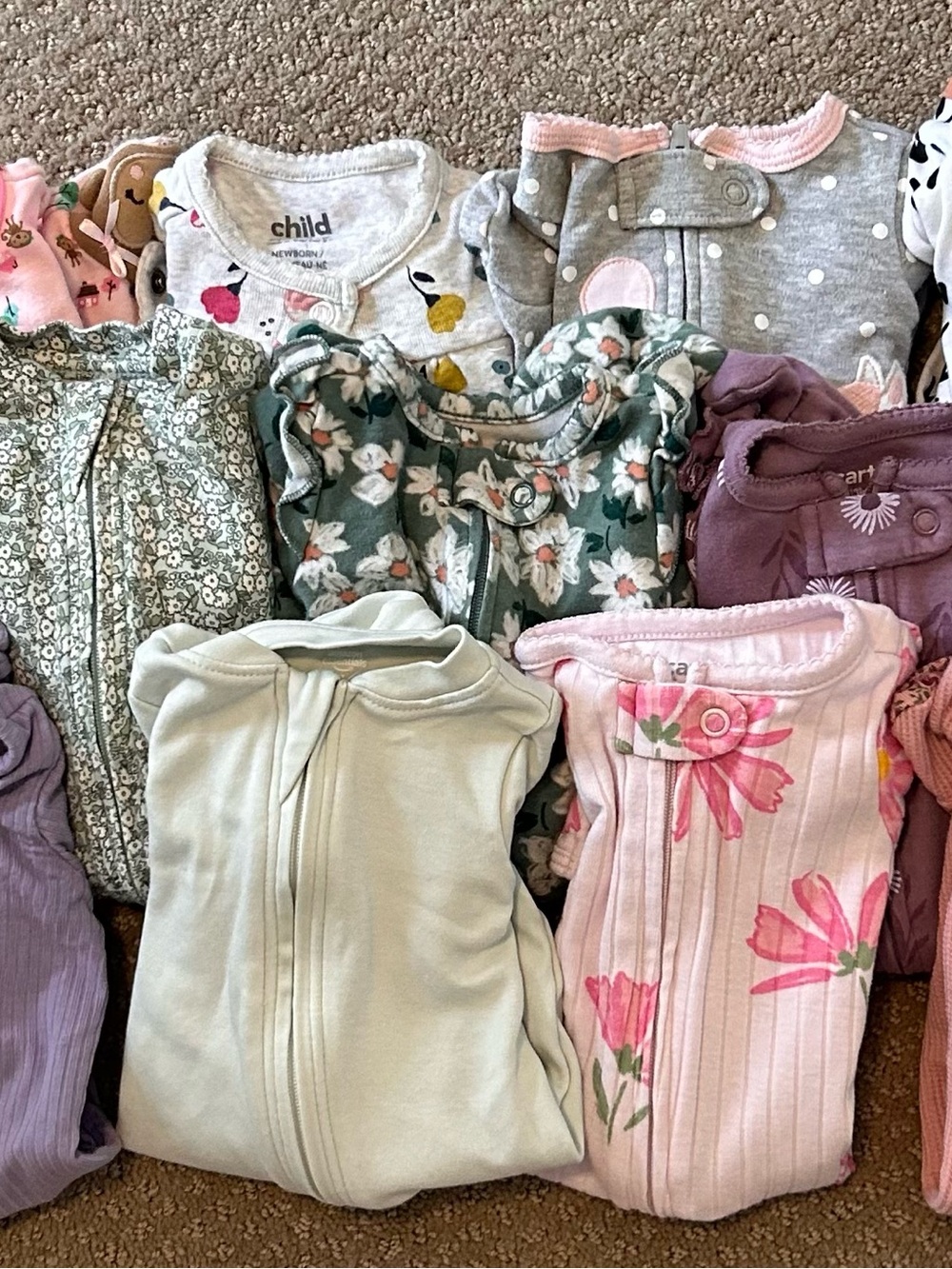 13 Mixed Baby Sleepers Bundle - Floral, Pink, Sage, Gray